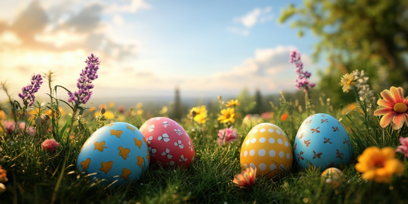 Colorful Easter eggs placed on a flower-filled meadow during a sunny spring afternoon
